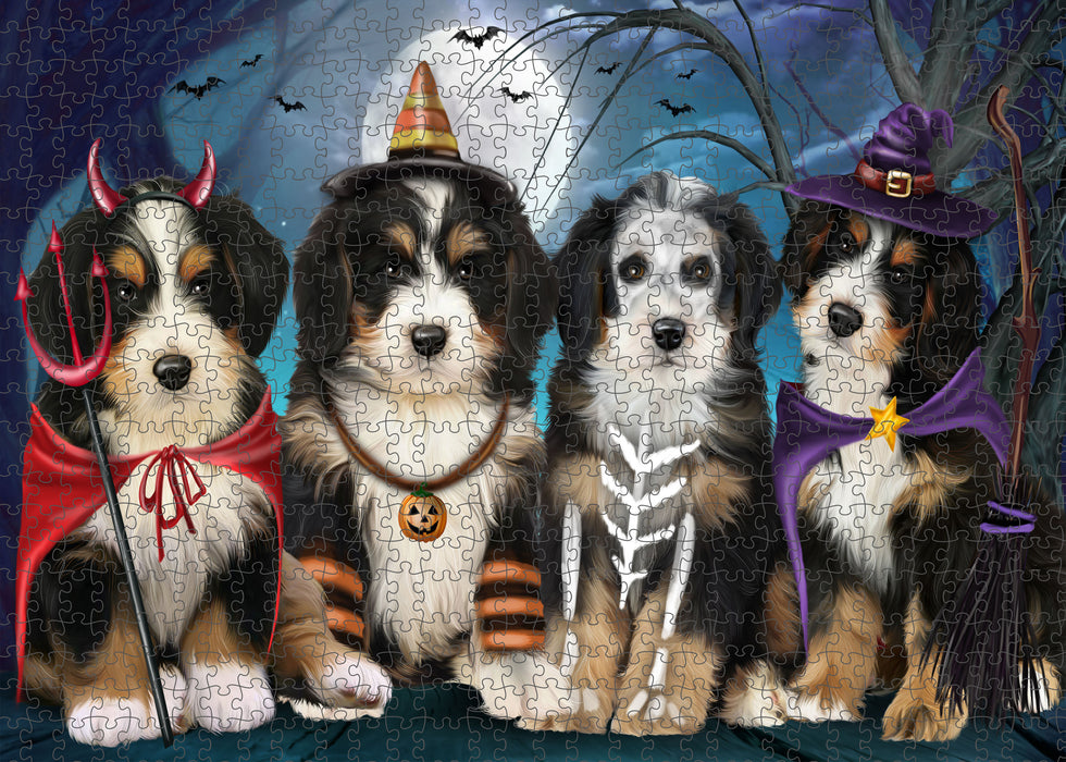 Happy Halloween Trick or Treat Bernedoodle Dogs Portrait Jigsaw Puzzle for Adults Animal Interlocking Puzzle Game Unique Gift for Dog Lover's with Metal Tin Box