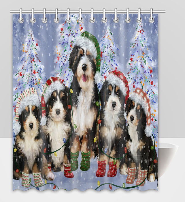 Christmas Lights and Bernedoodle Dogs Shower Curtain Pet Painting Bathtub Curtain Waterproof Polyester One-Side Printing Decor Bath Tub Curtain for Bathroom with Hooks