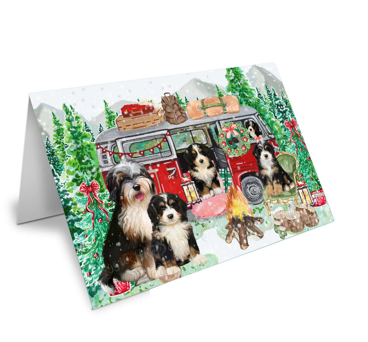 Christmas Time Camping with Bernedoodle Dogs Handmade Artwork Assorted Pets Greeting Cards and Note Cards with Envelopes for All Occasions and Holiday Seasons