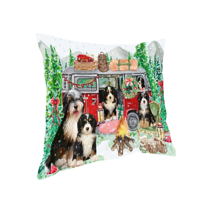 Christmas Time Camping with Bernedoodle Dogs Pillow with Top Quality High-Resolution Images - Ultra Soft Pet Pillows for Sleeping - Reversible & Comfort - Ideal Gift for Dog Lover - Cushion for Sofa Couch Bed - 100% Polyester