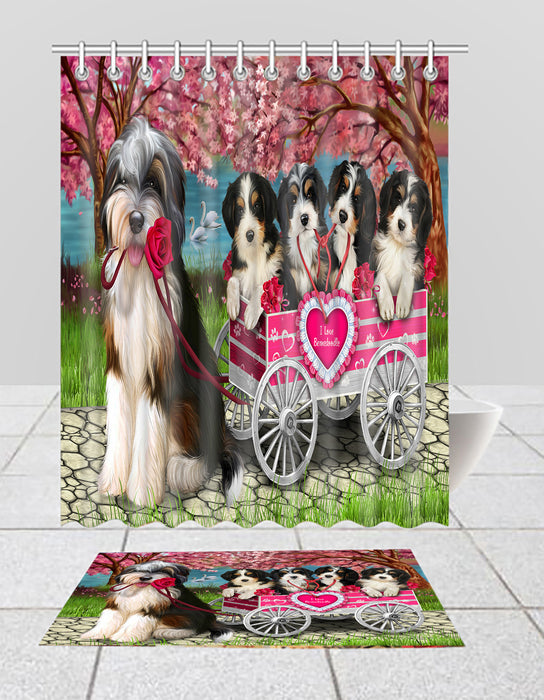 I Love Bernedoodle Dogs in a Cart Bath Mat and Shower Curtain Combo