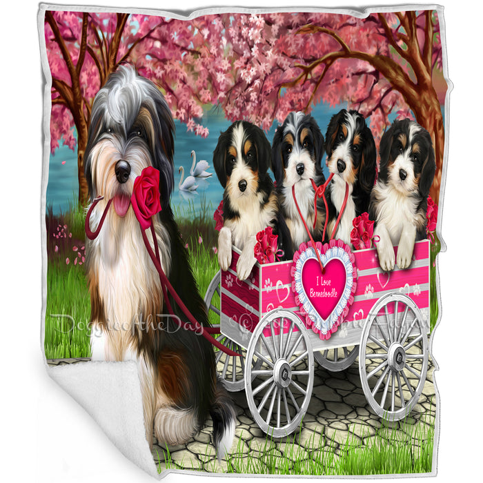 I Love Bernedoodle Dogs in a Cart Art Portrait Print Woven Throw Sherpa Plush Fleece Blanket