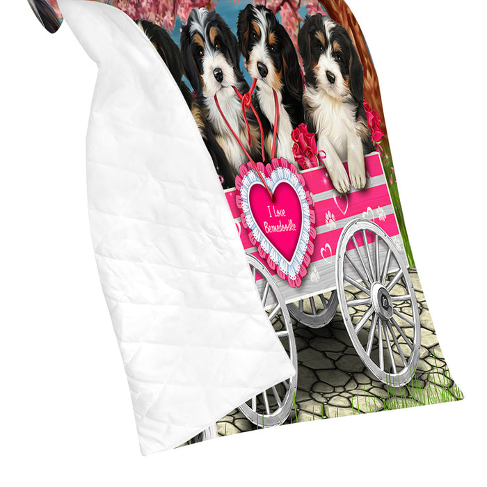 I Love Bernedoodle Dogs in a Cart Quilt