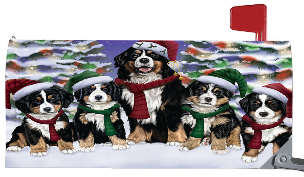 Magnetic Mailbox Cover Bernese Mountain Dogs Christmas Family Portrait in Holiday Scenic Background MBC48199