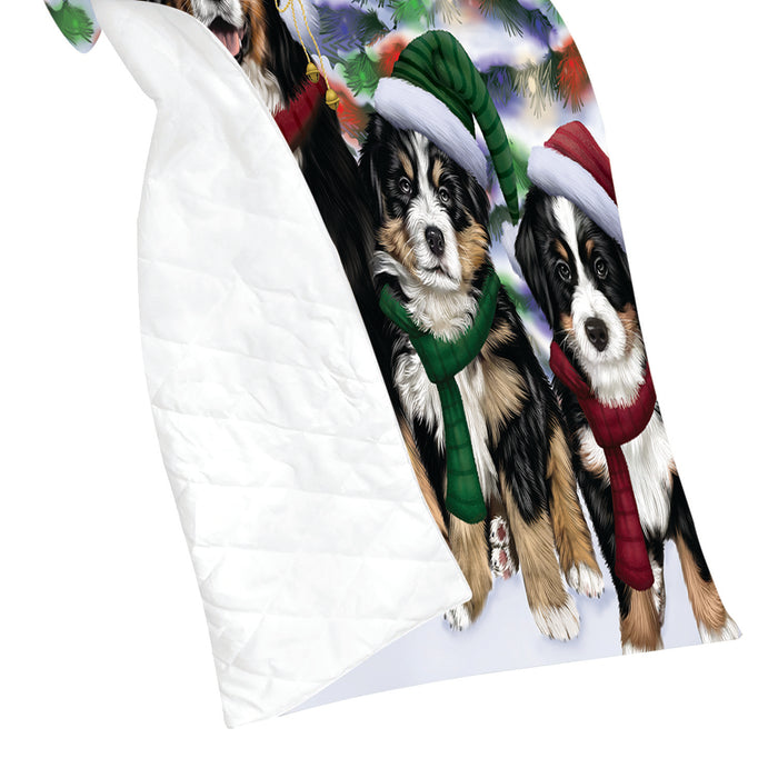 Bernese Mountain Dogs Christmas Family Portrait in Holiday Scenic Background Quilt