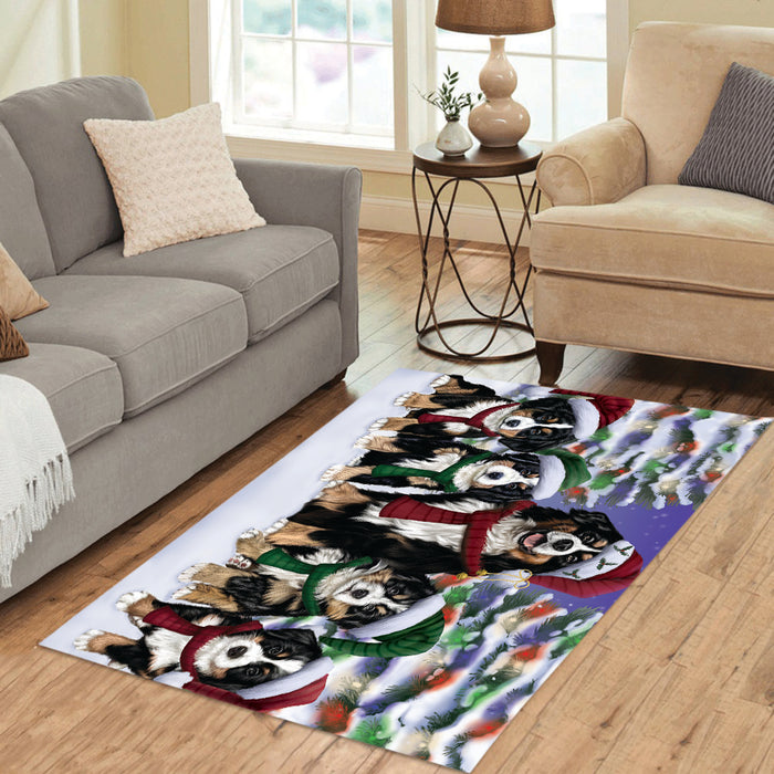 Bernese Mountain Dogs Christmas Family Portrait in Holiday Scenic Background Area Rug