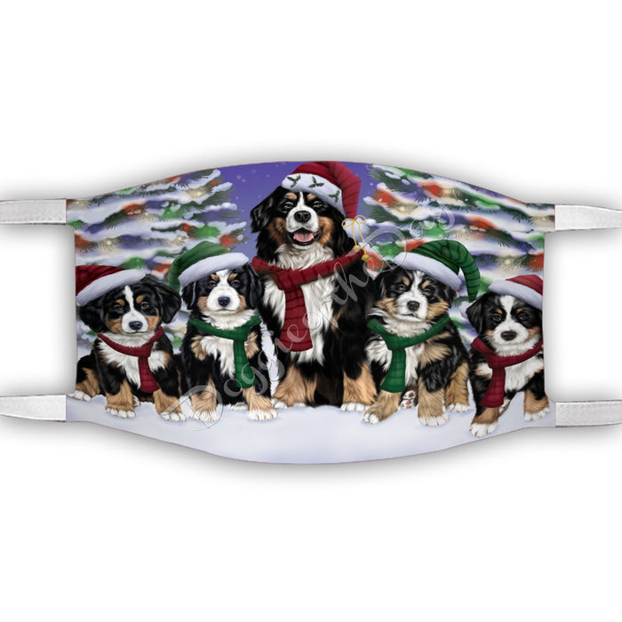 Bernese Mountain Dogs Christmas Family Portrait in Holiday Scenic Background Face Mask FM48318