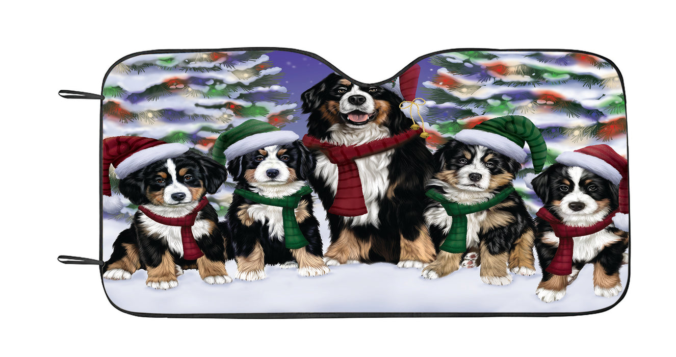 Bernese Mountain Dogs Christmas Family Portrait in Holiday Scenic Background Car Sun Shade