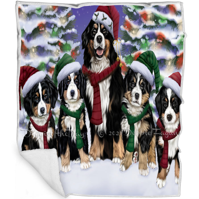 Bernese Mountain Dog Christmas Family Portrait in Holiday Scenic Background Art Portrait Print Woven Throw Sherpa Plush Fleece Blanket