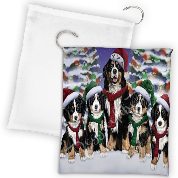 Bernese Mountain Dogs Christmas Family Portrait in Holiday Scenic Background Drawstring Laundry or Gift Bag LGB48116