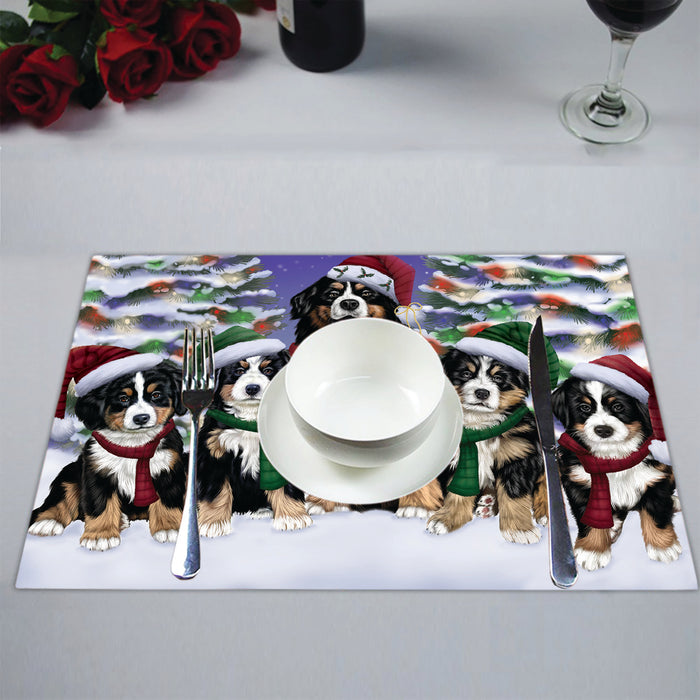 Bernese Mountain Dogs Christmas Family Portrait in Holiday Scenic Background Placemat