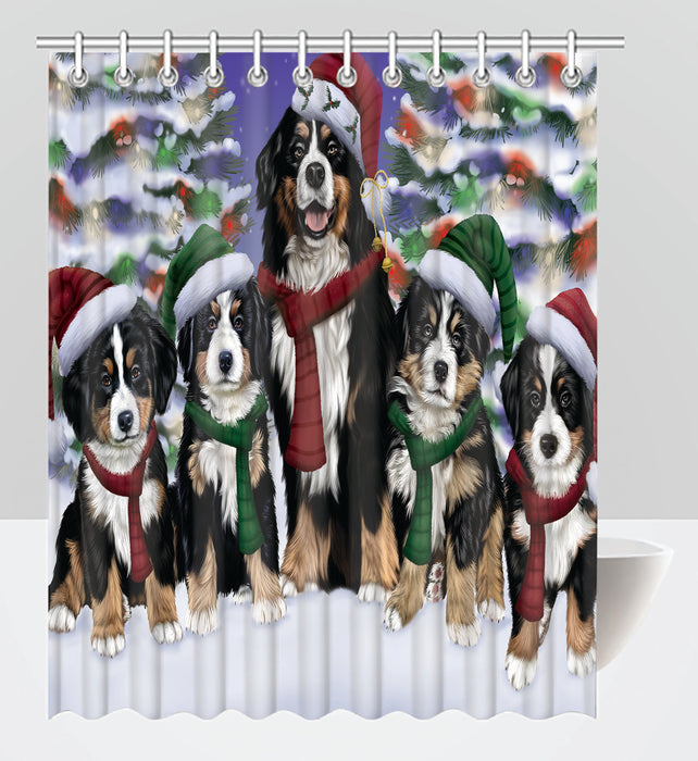 Bernese Mountain Dogs Christmas Family Portrait in Holiday Scenic Background Shower Curtain