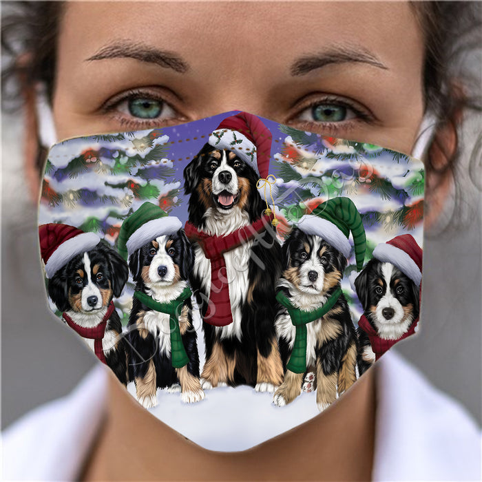 Bernese Mountain Dogs Christmas Family Portrait in Holiday Scenic Background Face Mask FM48318