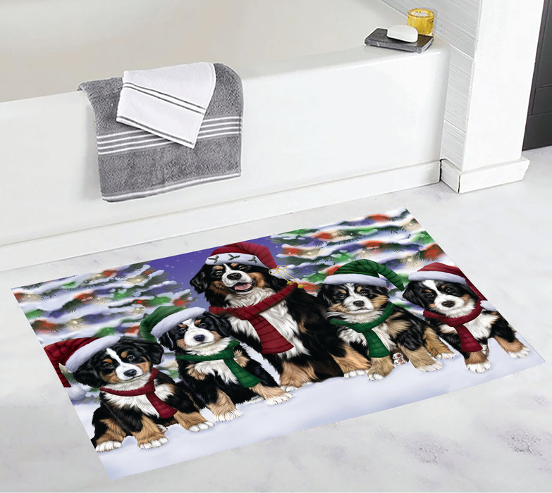 Bernese Mountain Dogs Christmas Family Portrait in Holiday Scenic Background Bath Mat