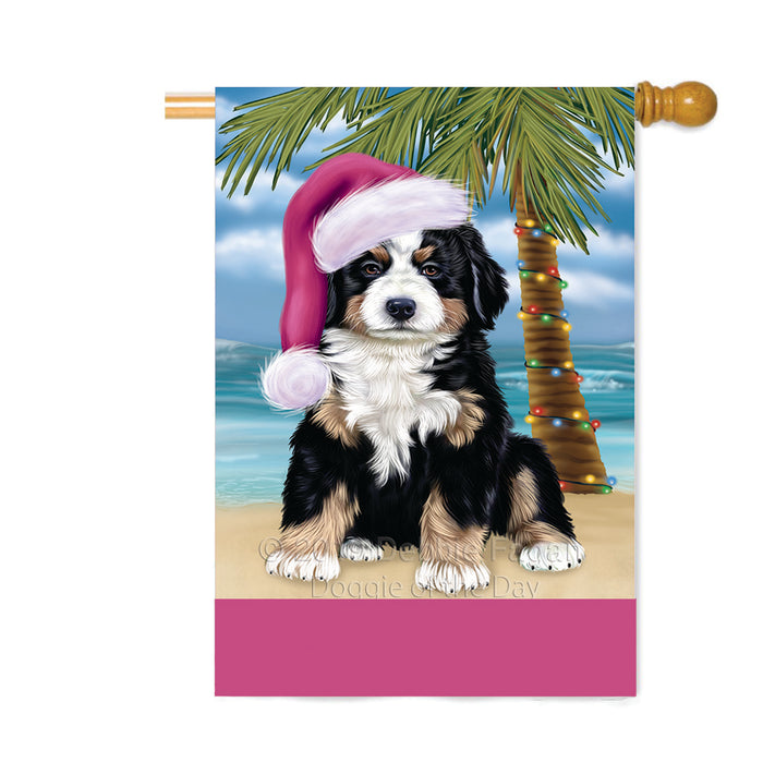 Personalized Summertime Happy Holidays Christmas Bernese Mountain Dog on Tropical Island Beach Custom House Flag FLG-DOTD-A60464