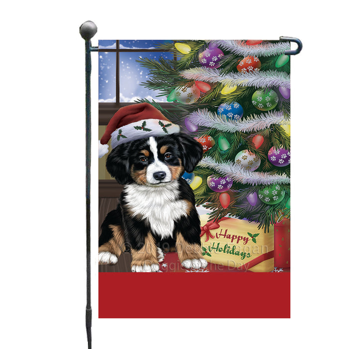 Personalized Christmas Happy Holidays Bernese Mountain Dog with Tree and Presents Custom Garden Flags GFLG-DOTD-A58596