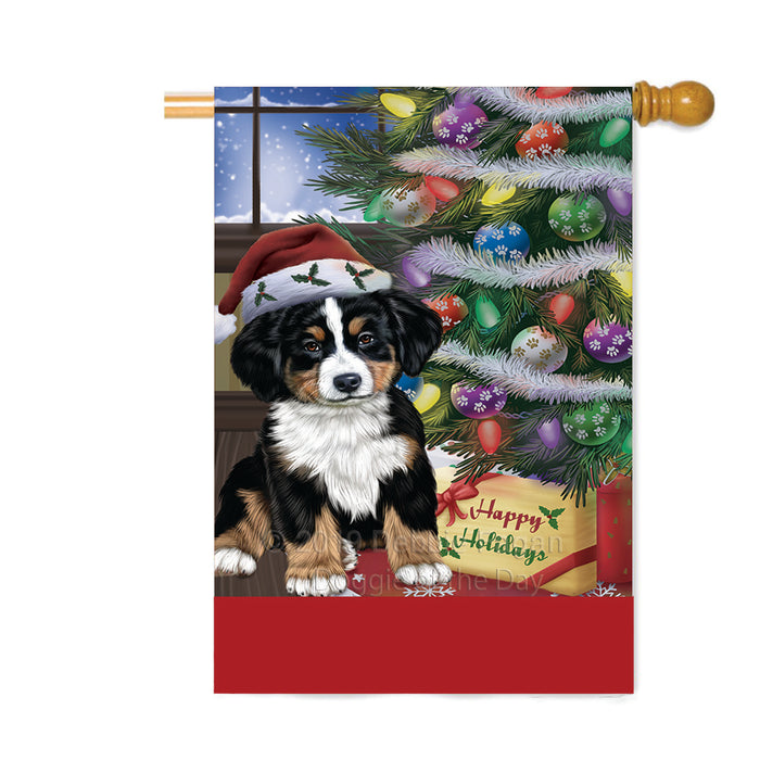 Personalized Christmas Happy Holidays Bernese Mountain Dog with Tree and Presents Custom House Flag FLG-DOTD-A58652