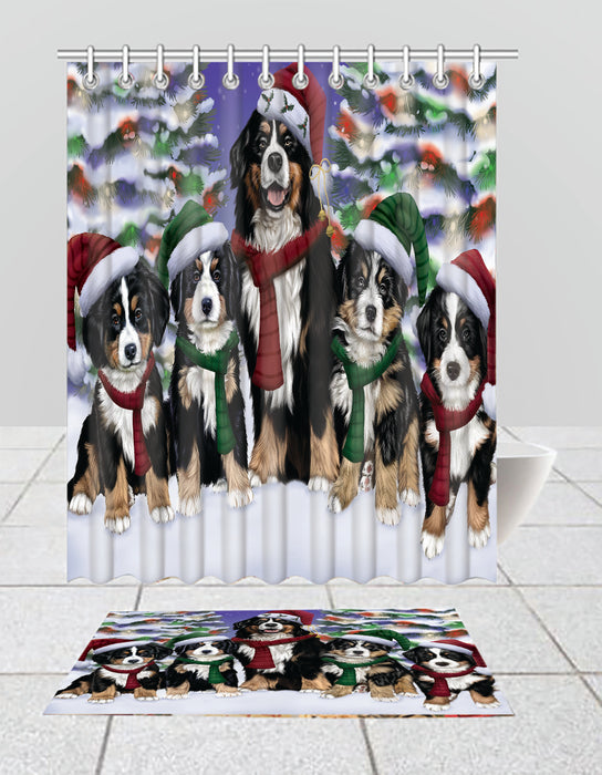 Bernese Mountain Dogs Christmas Family Portrait in Holiday Scenic Background  Bath Mat and Shower Curtain Combo