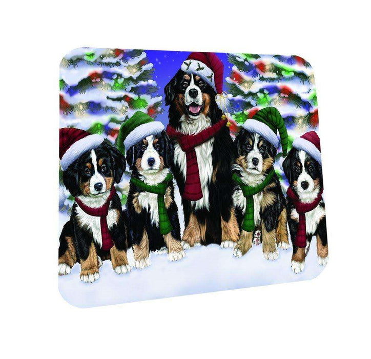 Bernese Dog Christmas Family Portrait in Holiday Scenic Background Coasters Set of 4