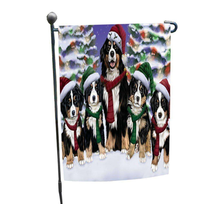 Bernese Dog Christmas Family Portrait in Holiday Scenic Background Garden Flag