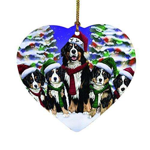 Bernese Dog Christmas Family Portrait in Holiday Scenic Background Heart Ornament D132