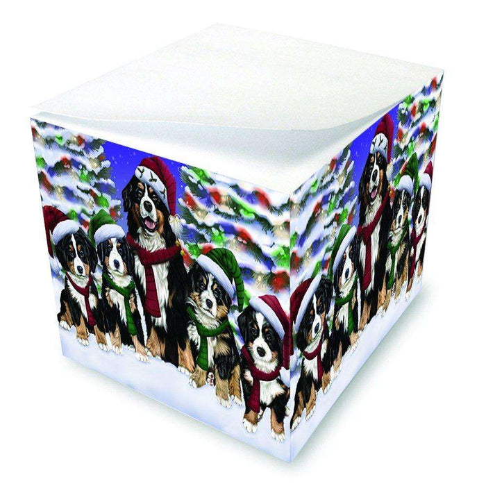 Bernese Dog Christmas Family Portrait in Holiday Scenic Background Note Cube D152