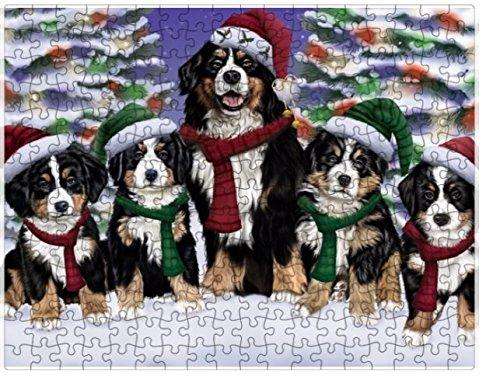 Bernese Dog Christmas Family Portrait in Holiday Scenic Background Puzzle with Photo Tin