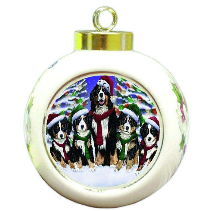 Bernese Dog Christmas Family Portrait in Holiday Scenic Background Round Ball Ornament D132
