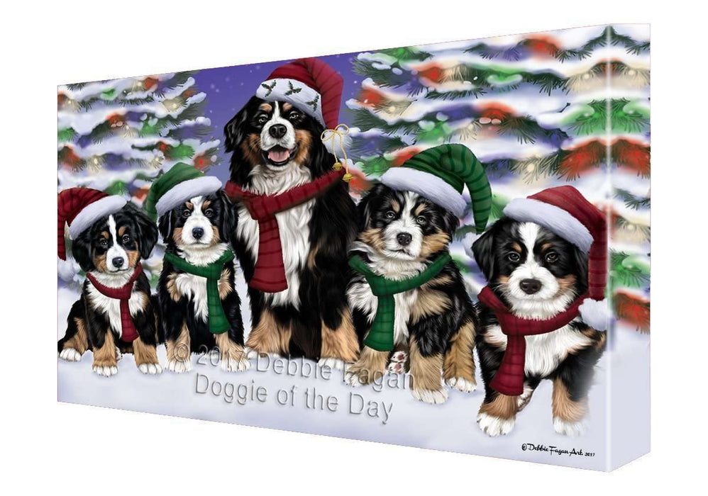Bernese Mountain Dog Christmas Family Portrait in Holiday Scenic Background Canvas Wall Art