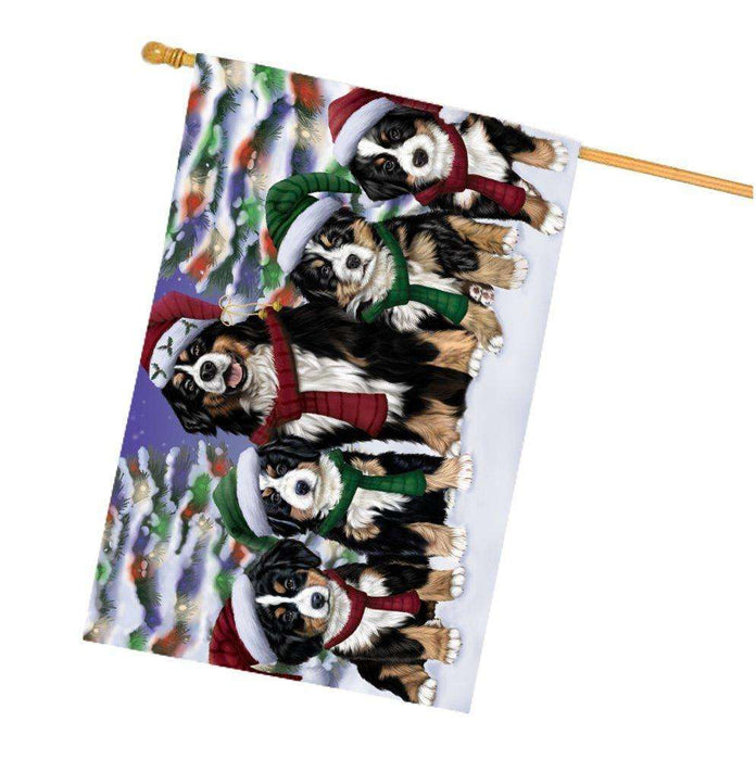 Bernese Mountain Dog Christmas Family Portrait in Holiday Scenic Background House Flag
