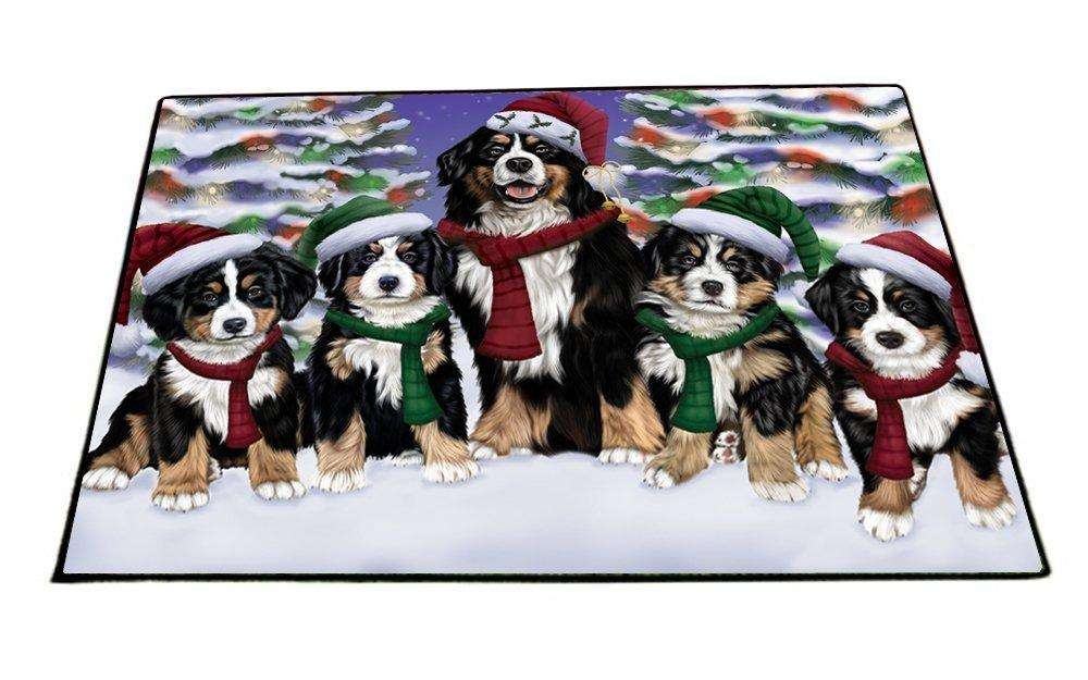 Bernese Mountain Dog Christmas Family Portrait in Holiday Scenic Background Indoor/Outdoor Floormat