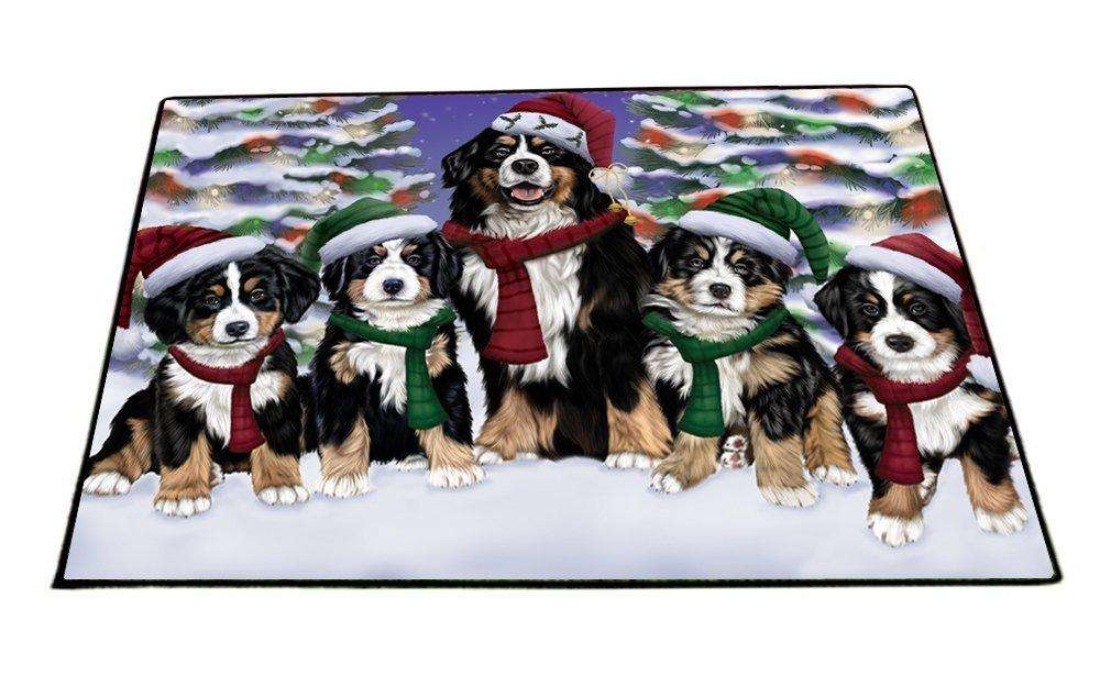 Bernese Mountain Dog Christmas Family Portrait in Holiday Scenic Background Indoor/Outdoor Floormat