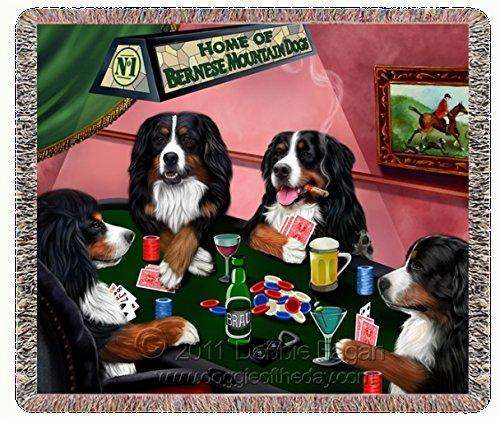 Bernese Mountain Dog Woven Throw Blanket 4 Dogs Playing Poker 54 x 38