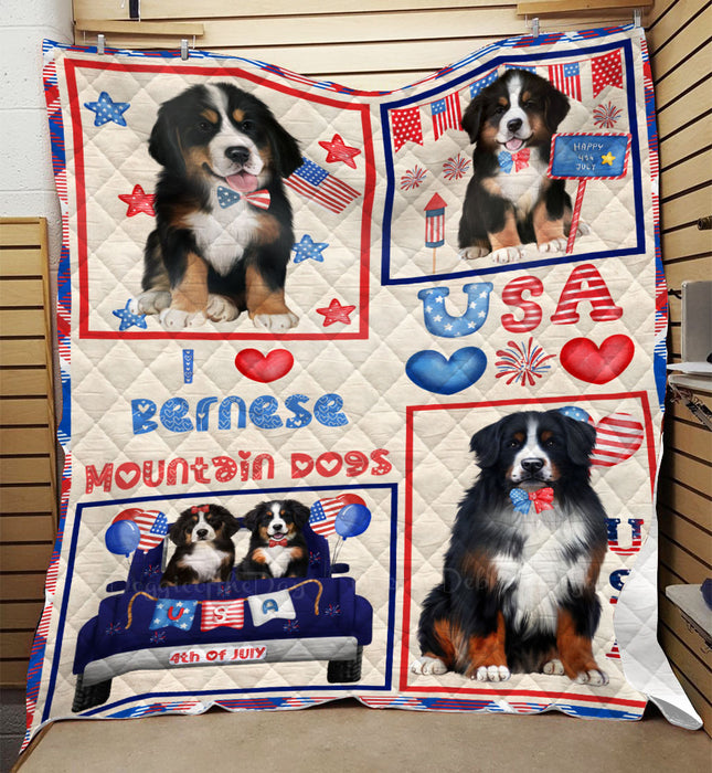4th of July Independence Day I Love USA Bernese Mountain Dogs Quilt Bed Coverlet Bedspread - Pets Comforter Unique One-side Animal Printing - Soft Lightweight Durable Washable Polyester Quilt