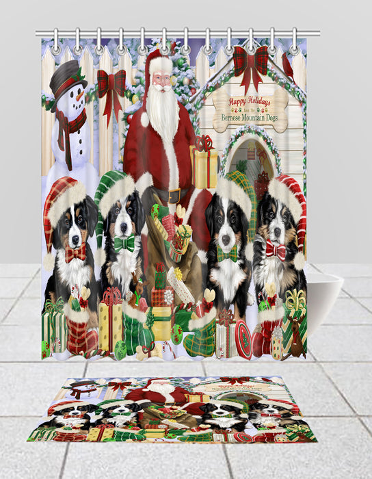 Happy Holidays Christmas Bernese Mountain Dogs House Gathering Bath Mat and Shower Curtain Combo