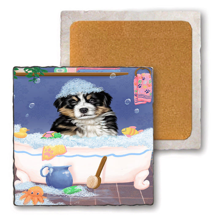 Rub A Dub Dog In A Tub Bernese Dog Set of 4 Natural Stone Marble Tile Coasters MCST52308