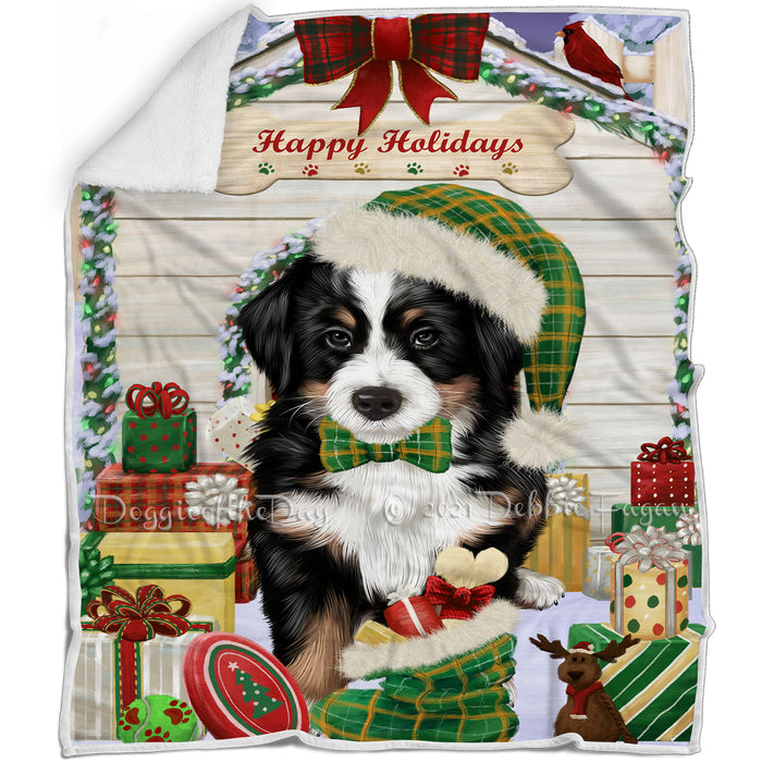 Happy Holidays Christmas Bernese Mountain Dog House with Presents Blanket BLNKT78105
