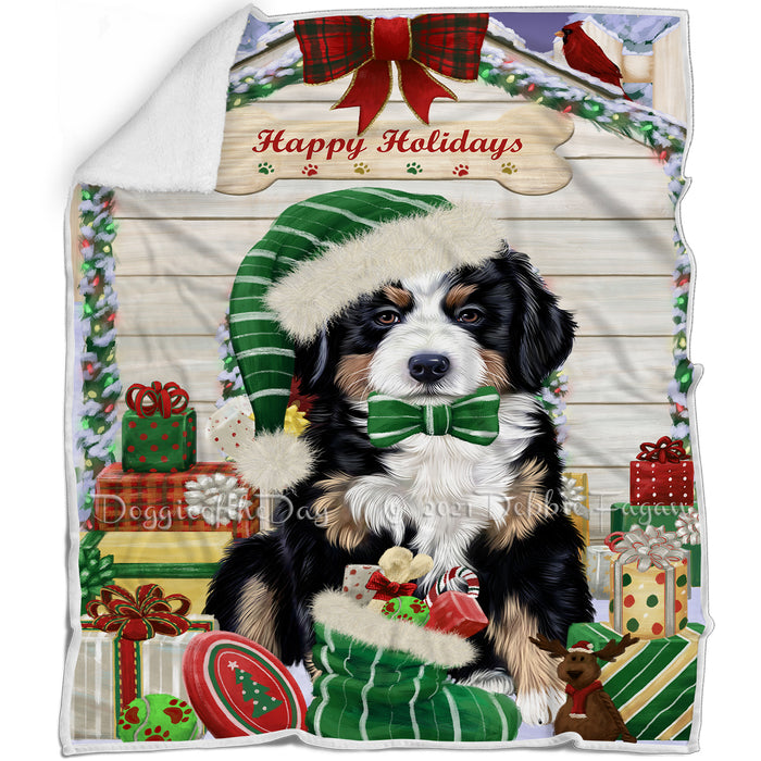 Happy Holidays Christmas Bernese Mountain Dog House with Presents Blanket BLNKT78114