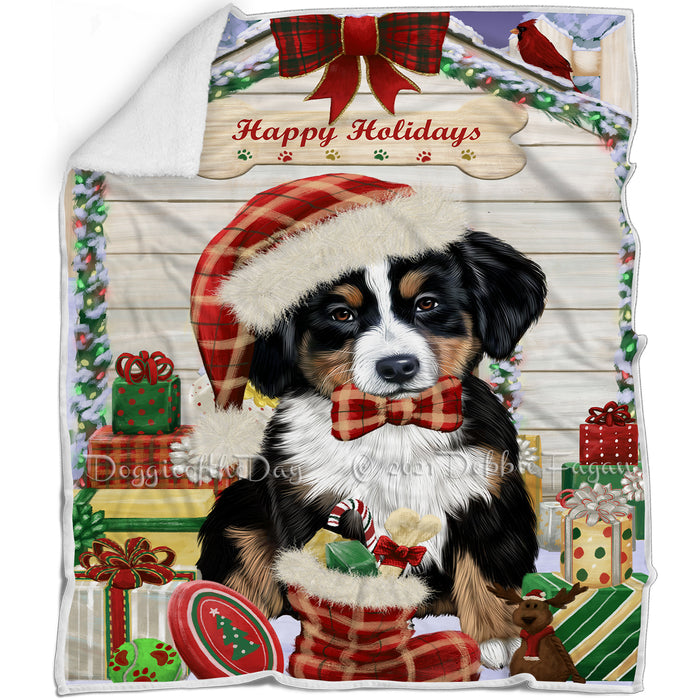 Happy Holidays Christmas Bernese Mountain Dog House with Presents Blanket BLNKT78123