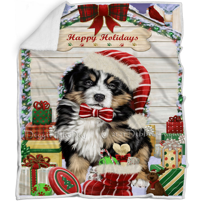 Happy Holidays Christmas Bernese Mountain Dog House with Presents Blanket BLNKT78132