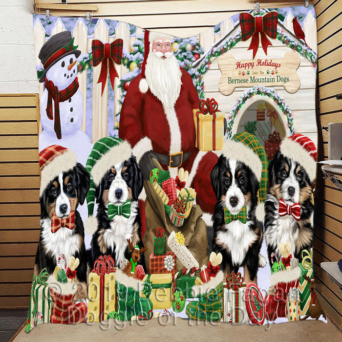 Happy Holidays Christmas Bernese Mountain Dogs House Gathering Quilt