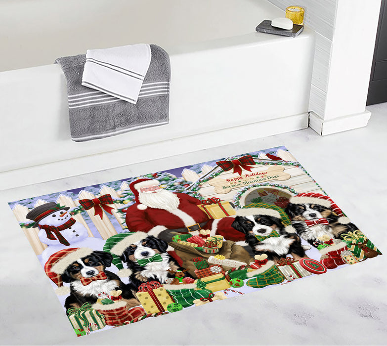 Happy Holidays Christma Bernese Mountain Dogs House Gathering Bath Mat