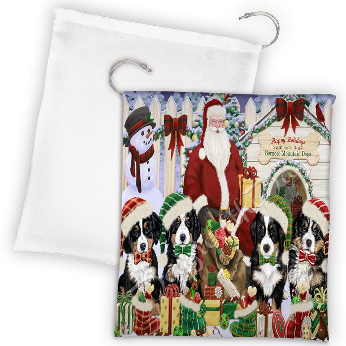 Happy Holidays Christmas Bernese Mountain Dogs House Gathering Drawstring Laundry or Gift Bag LGB48019