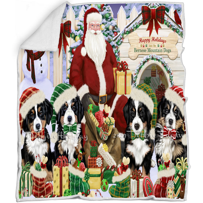 Happy Holidays Christmas Bernese Mountain Dogs House Gathering Blanket BLNKT77601