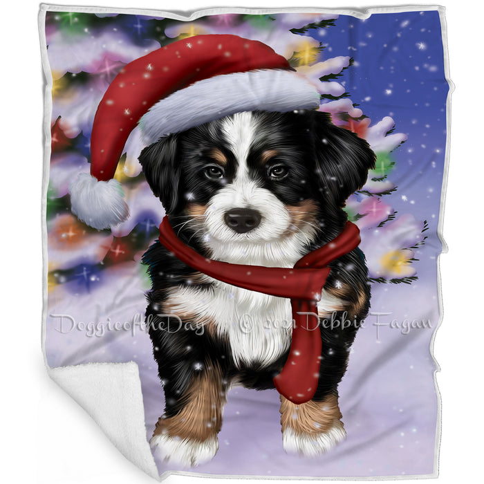Winterland Wonderland Bernese Mountain Dog In Christmas Holiday Scenic Background Blanket