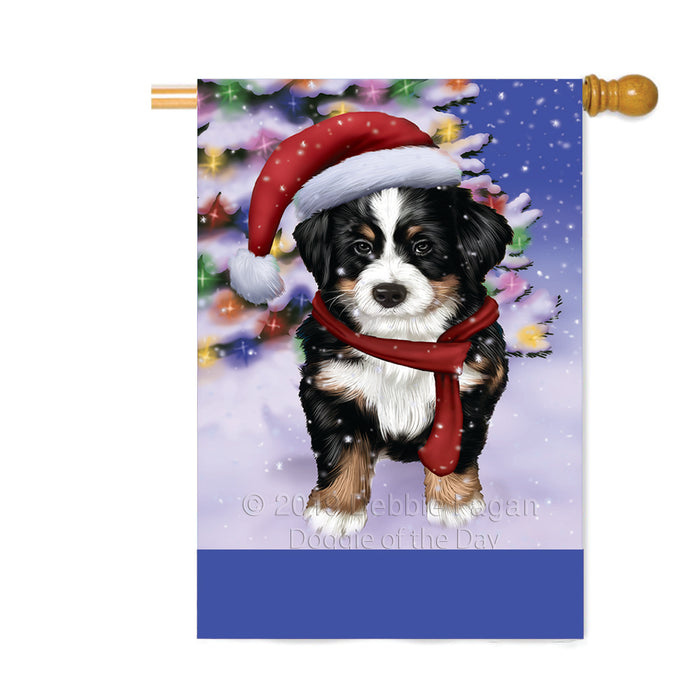 Personalized Winterland Wonderland Bernese Mountain Dog In Christmas Holiday Scenic Background Custom House Flag FLG-DOTD-A61292