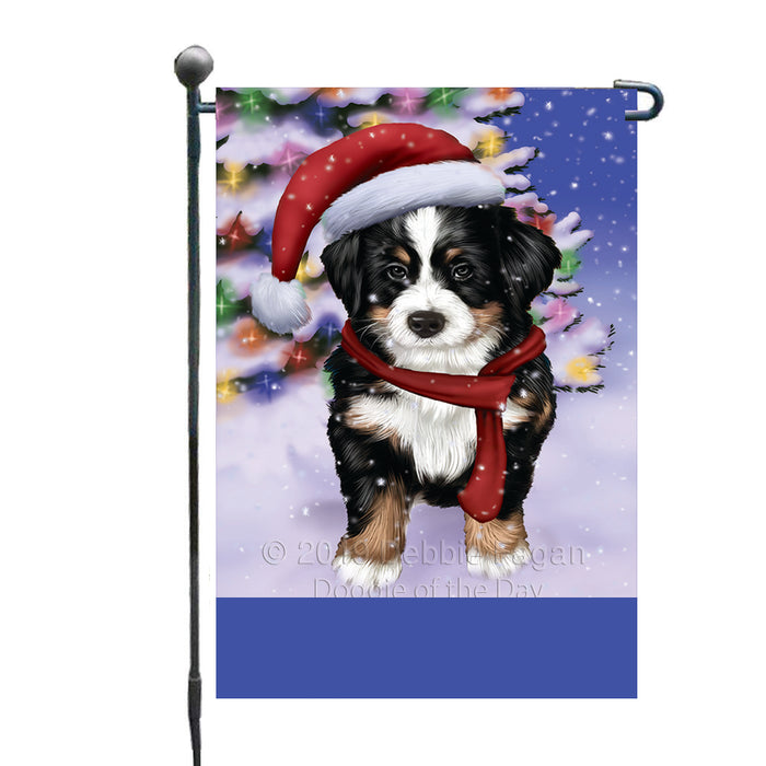 Personalized Winterland Wonderland Bernese Mountain Dog In Christmas Holiday Scenic Background Custom Garden Flags GFLG-DOTD-A61236