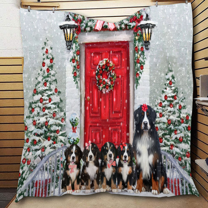 Christmas Holiday Welcome Bernese Mountain Dogs  Quilt Bed Coverlet Bedspread - Pets Comforter Unique One-side Animal Printing - Soft Lightweight Durable Washable Polyester Quilt