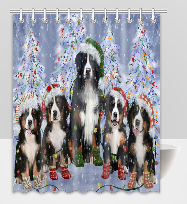 Christmas Lights and Bernese Mountain Dogs Shower Curtain Pet Painting Bathtub Curtain Waterproof Polyester One-Side Printing Decor Bath Tub Curtain for Bathroom with Hooks