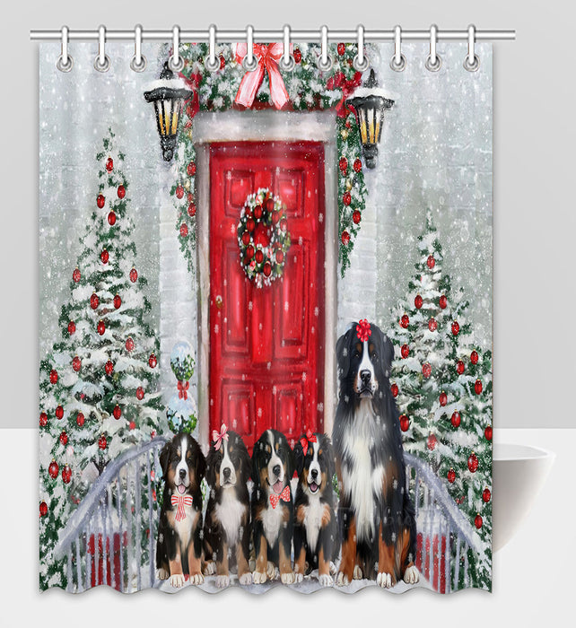 Christmas Holiday Welcome Bernese Mountain Dogs Shower Curtain Pet Painting Bathtub Curtain Waterproof Polyester One-Side Printing Decor Bath Tub Curtain for Bathroom with Hooks